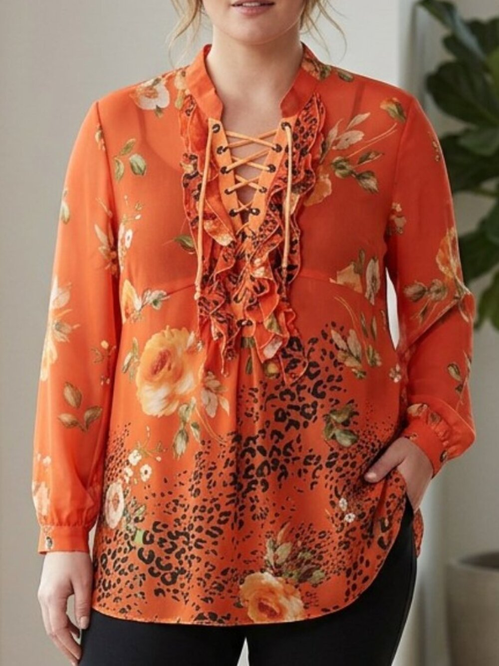 Tangerine Orange Floral & Animal Print Chiffon Lace Up Neck Tunic Long Sleeves L